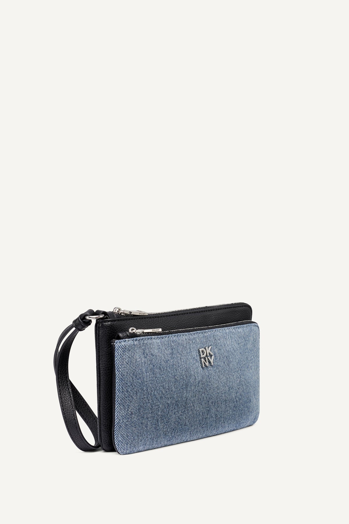 Denim/Black DKNY SARAH DUAL ZIP POUCH WRISTLET