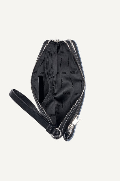 Denim/Black DKNY SARAH DUAL ZIP POUCH WRISTLET