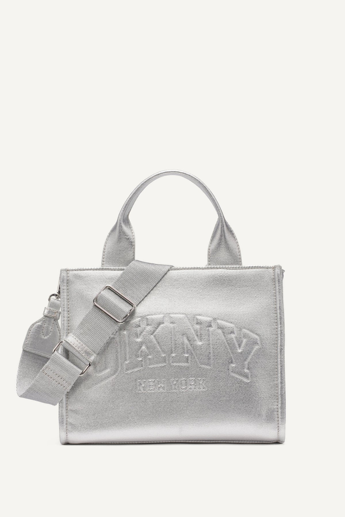 SILVER DKNY HADLEE SMALL METALLIC LOGO-EMBOSSED TOTE