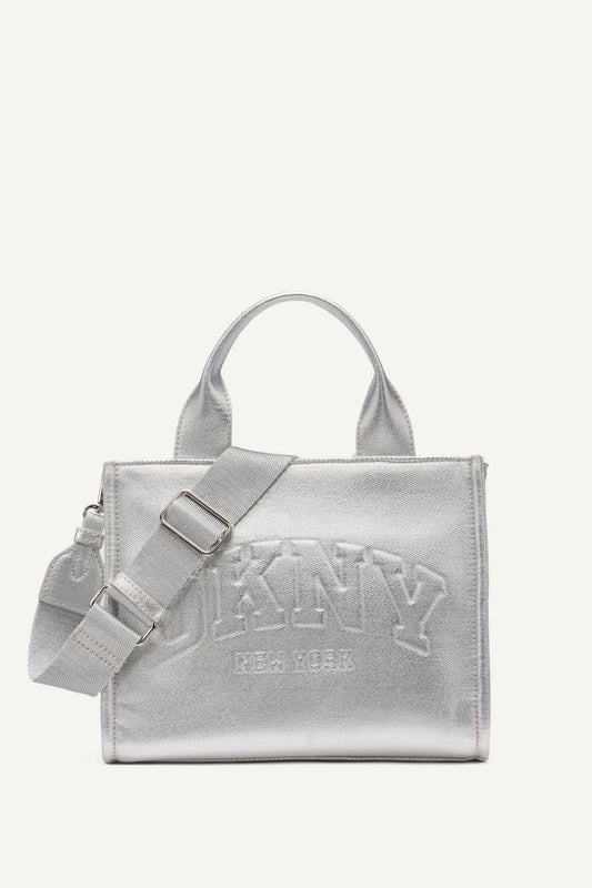 SILVER DKNY HADLEE SMALL METALLIC LOGO-EMBOSSED TOTE
