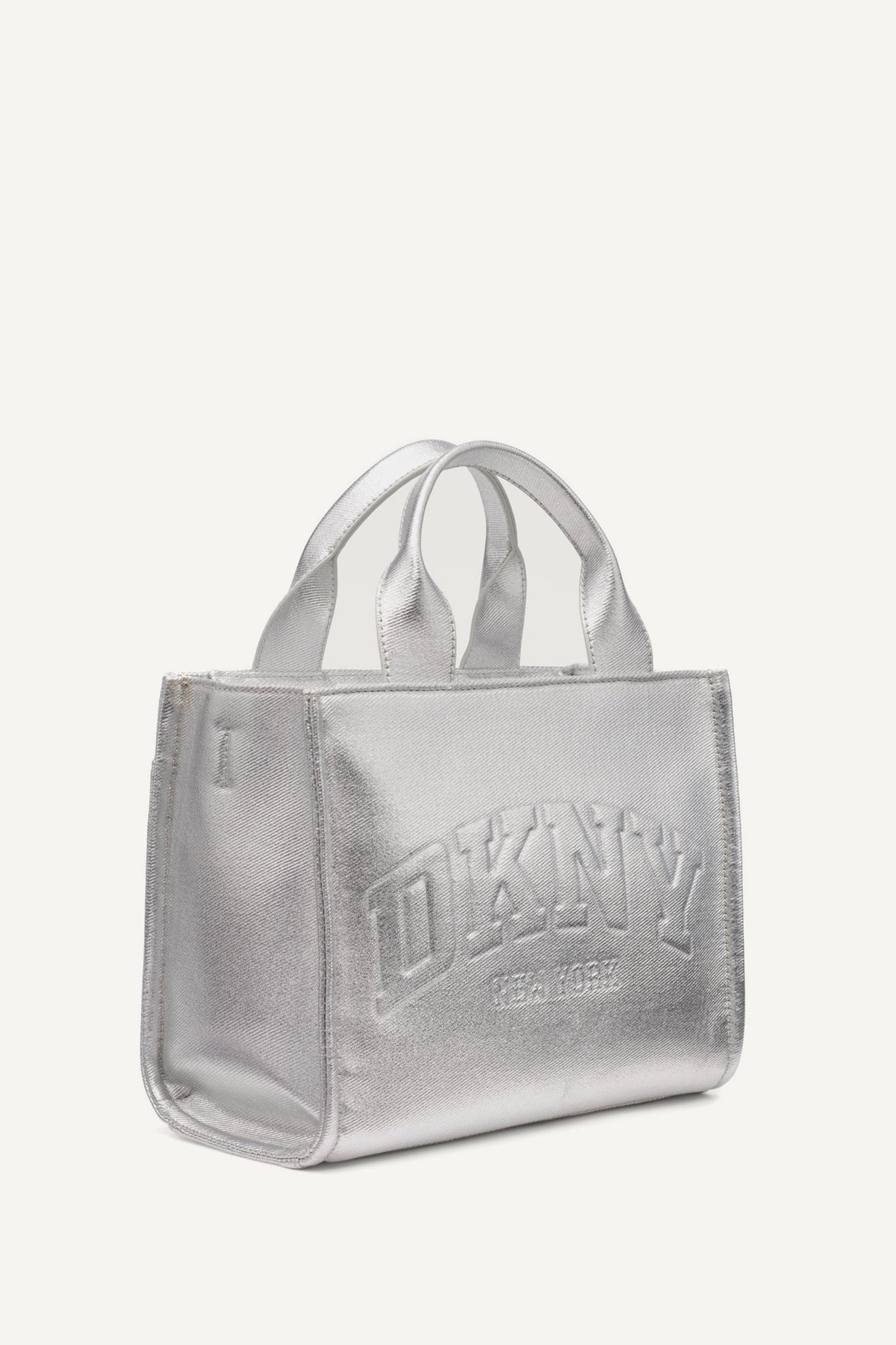 SILVER DKNY HADLEE SMALL METALLIC LOGO-EMBOSSED TOTE