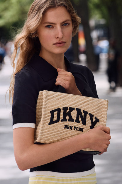 Hot Pink DKNY HADLEE SMALL STRAW LOGO TOTE