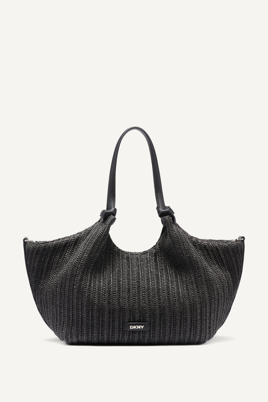 Black/Silver DKNY PAULA CROCHET RAFFIA MEDIUM COMMUTER TOTE