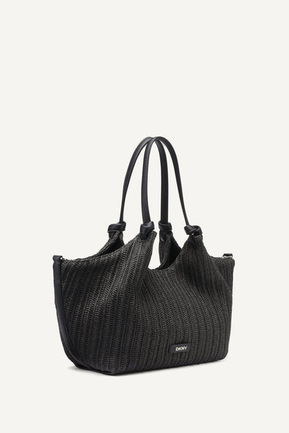 Black/Silver DKNY PAULA CROCHET RAFFIA MEDIUM COMMUTER TOTE