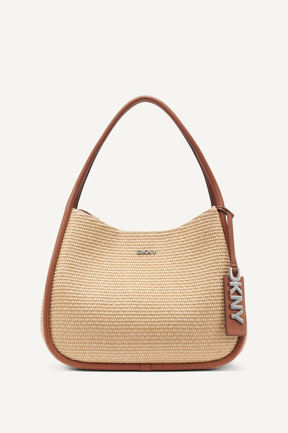 Natural/Saddle DKNY CAPRI WOVEN STRAW LARGE HOBO BAG