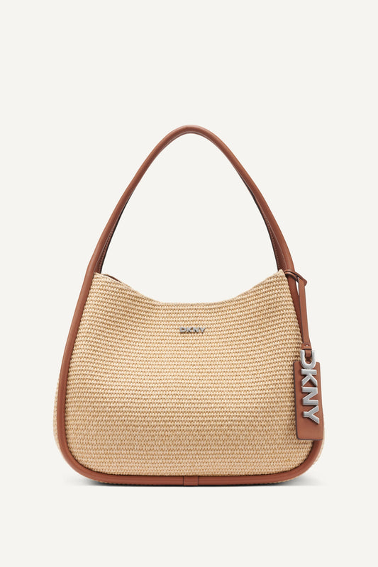 Natural/Saddle DKNY CAPRI WOVEN STRAW LARGE HOBO BAG