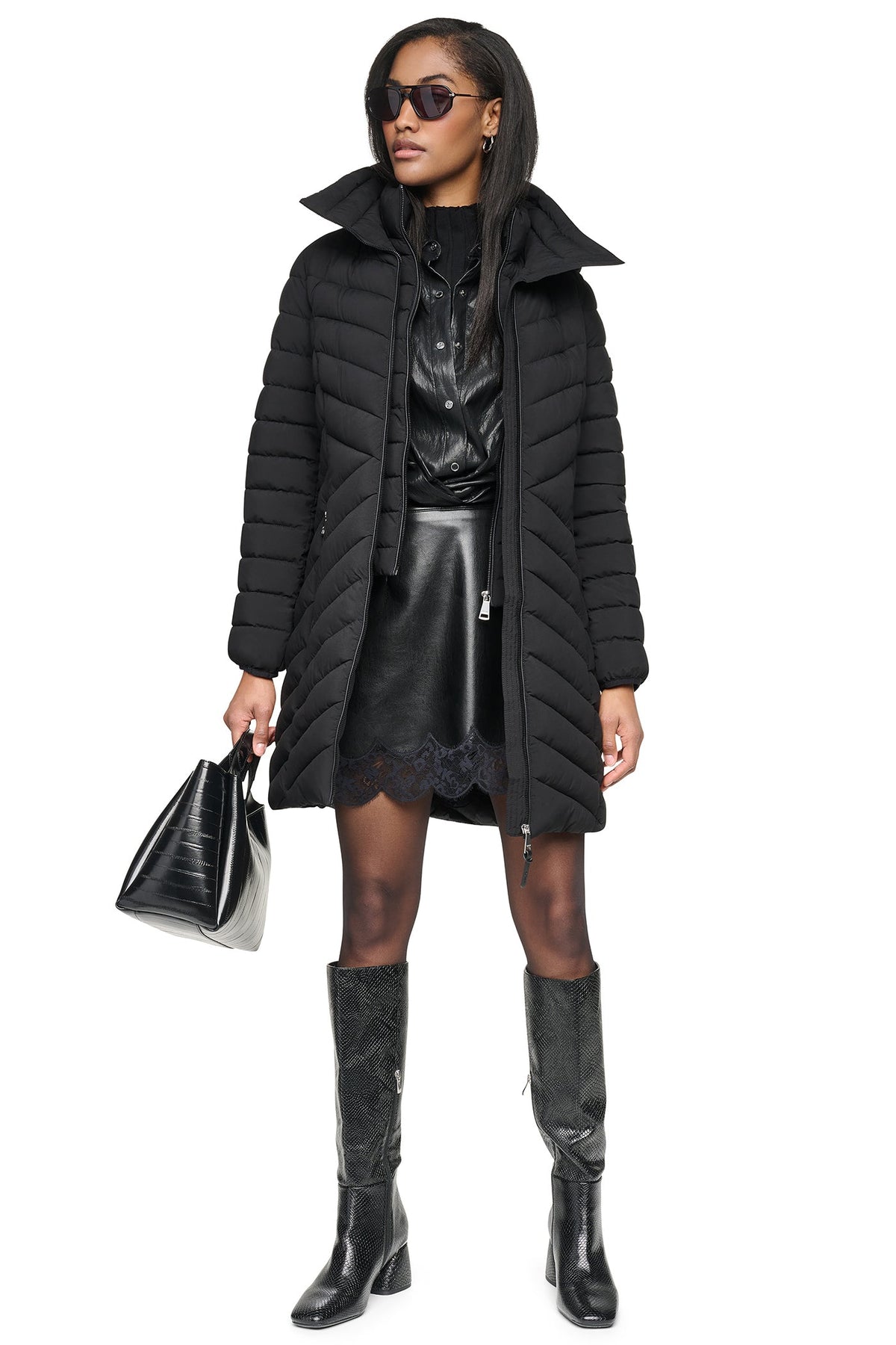 Black DKNY HOODED STAND COLLAR PUFFER
