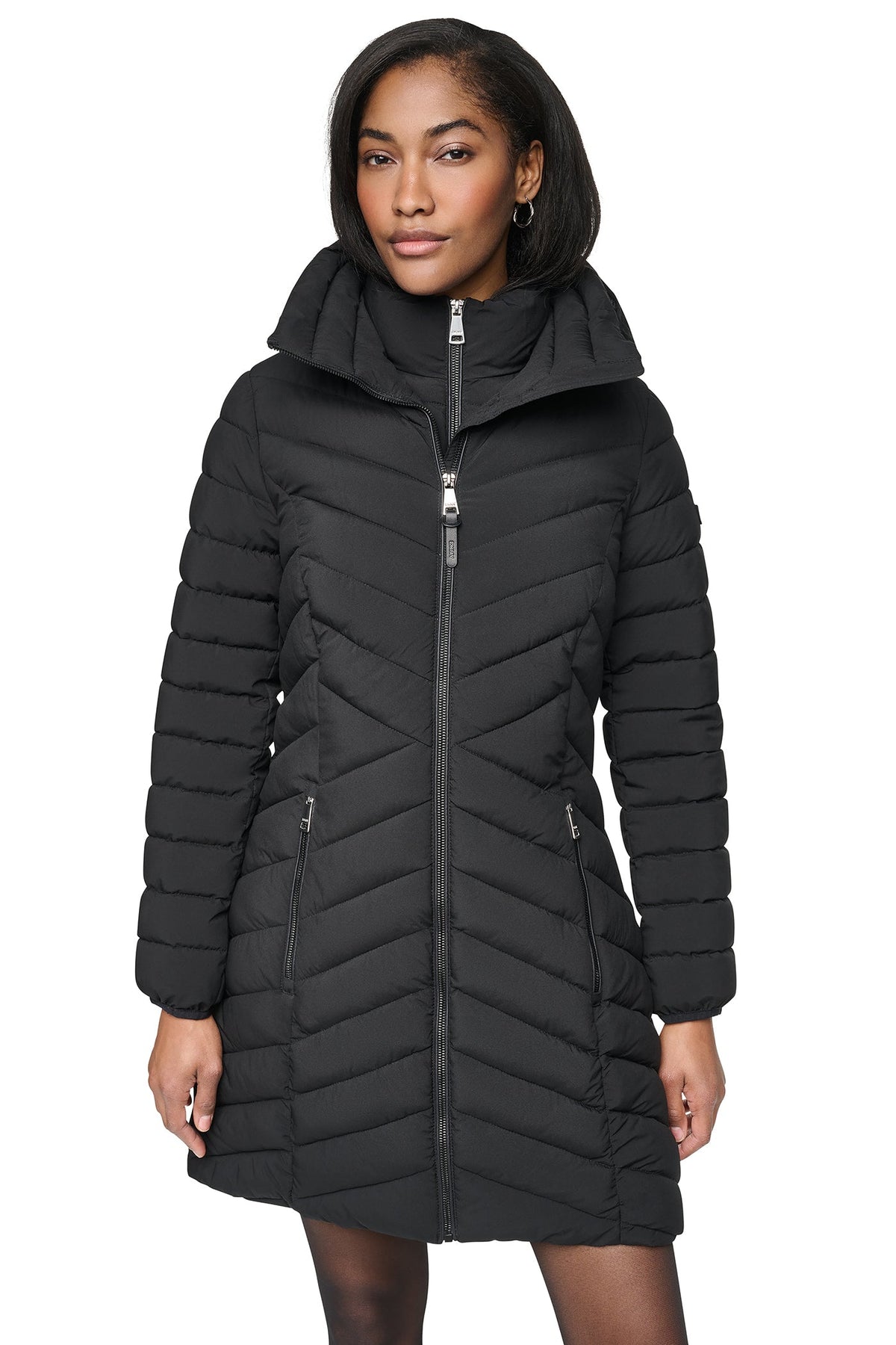 Black DKNY HOODED STAND COLLAR PUFFER