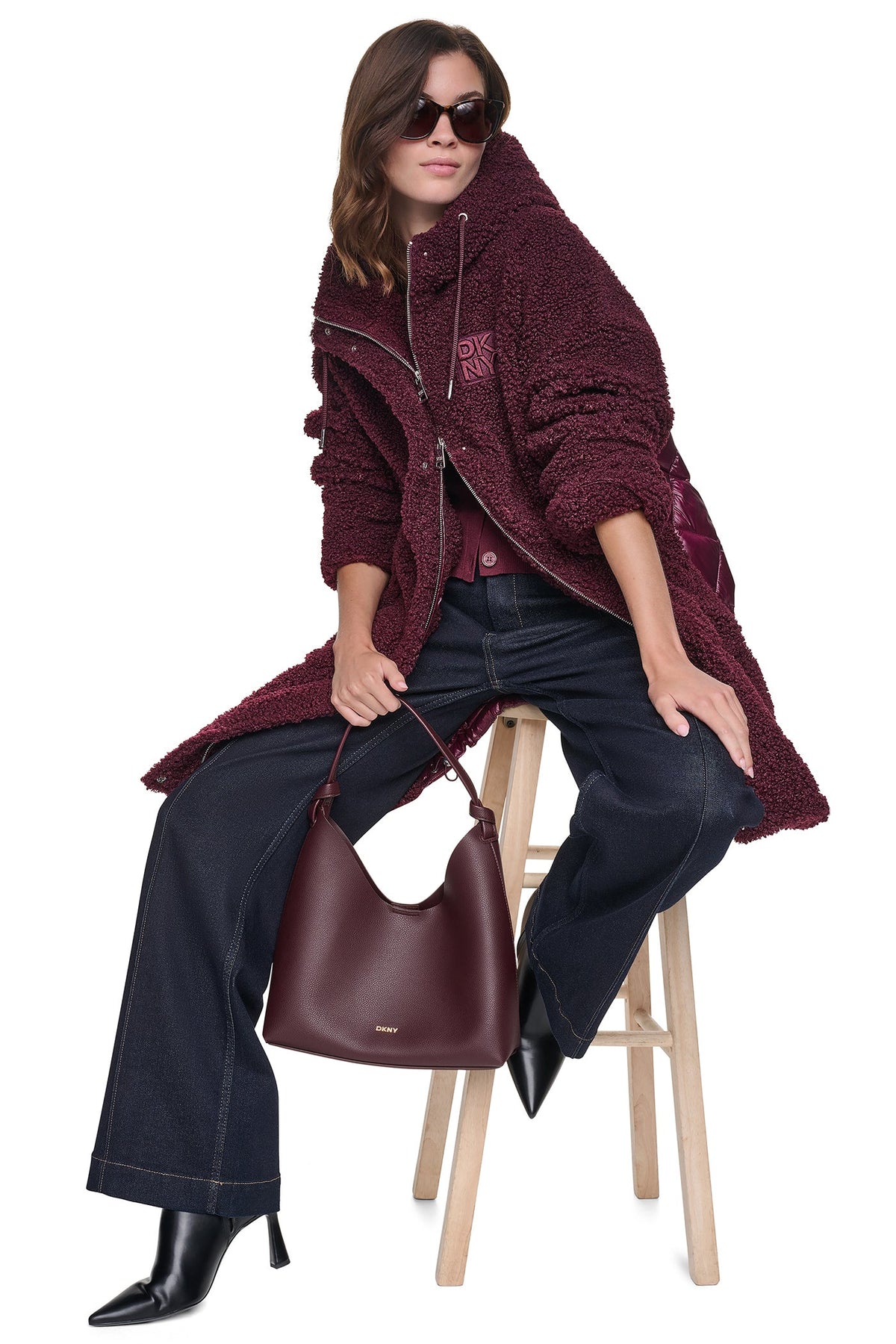 Claret DKNY SHERPA MIXED MEDIA HOODED JACKET