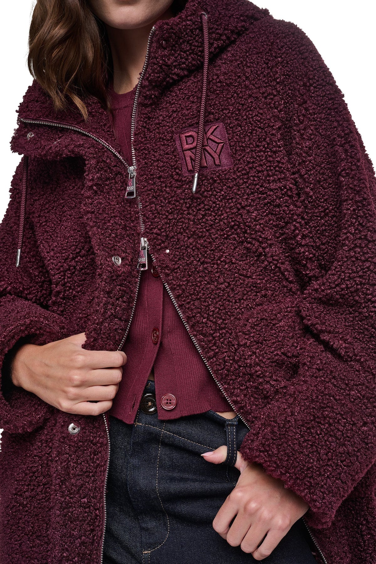 Claret DKNY SHERPA MIXED MEDIA HOODED JACKET