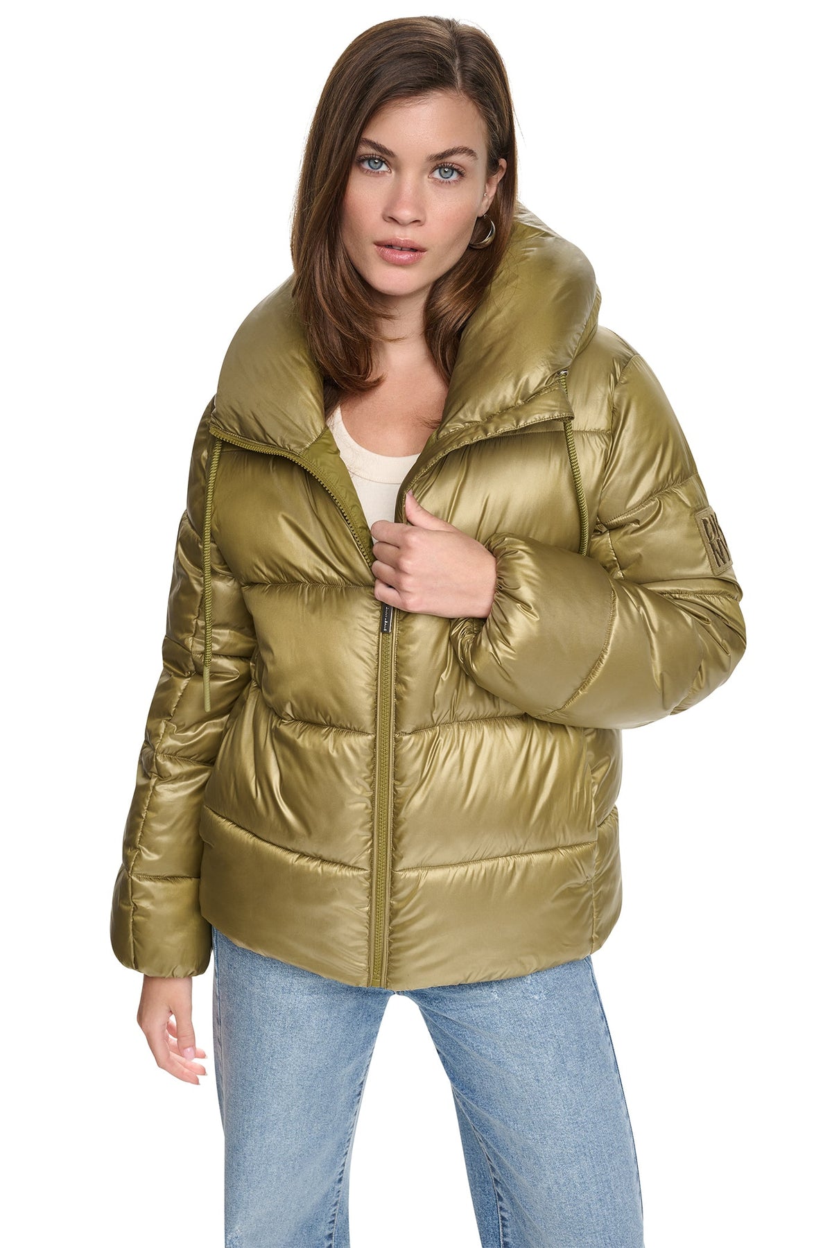 Metallic Zinc DKNY QUILTED PUFFER WITH DRAMA COLLAR