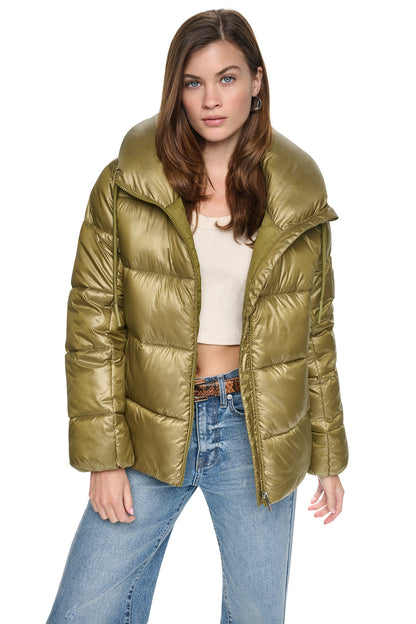 Metallic Zinc DKNY QUILTED PUFFER WITH DRAMA COLLAR