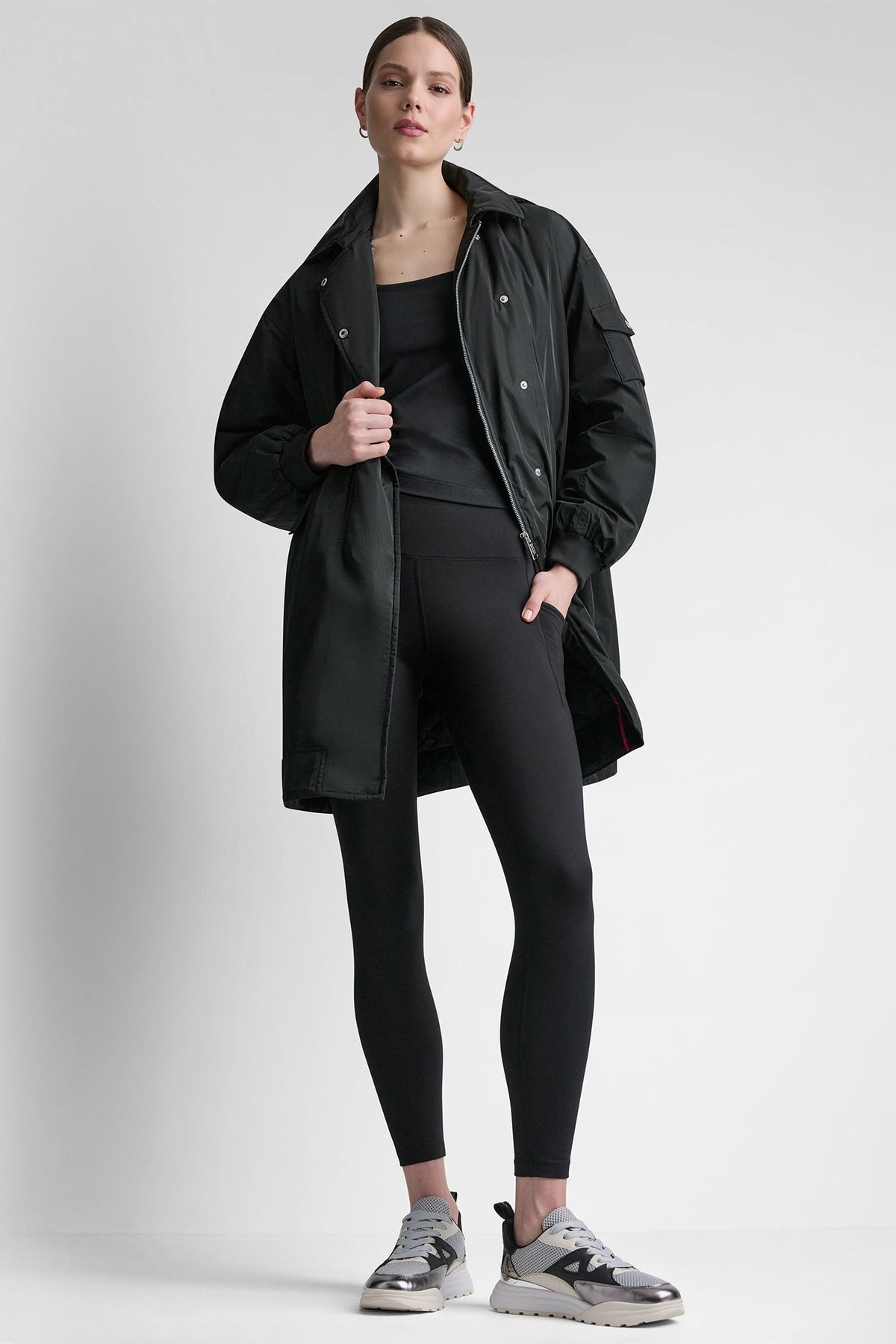 Black DKNY LONG JACKET WITH REMOVABLE HOOD