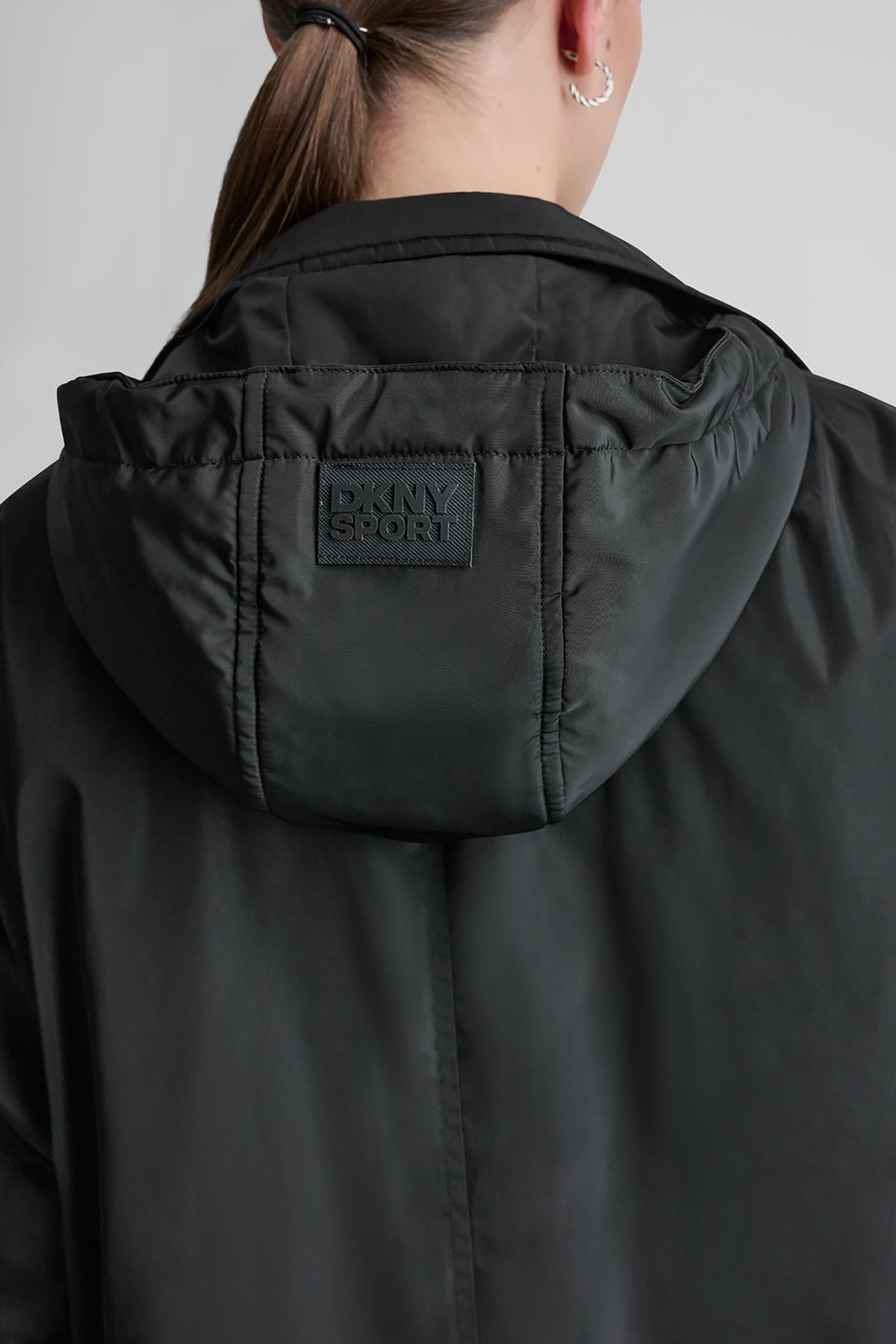 Black DKNY LONG JACKET WITH REMOVABLE HOOD