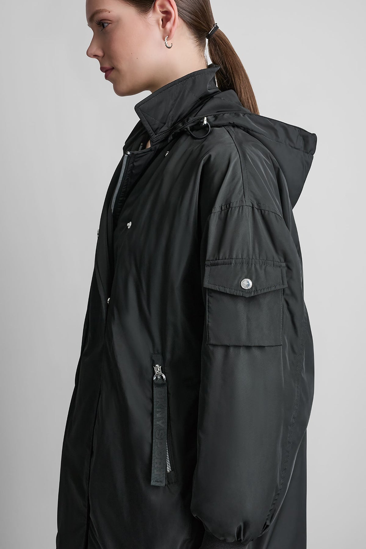 Black DKNY LONG JACKET WITH REMOVABLE HOOD