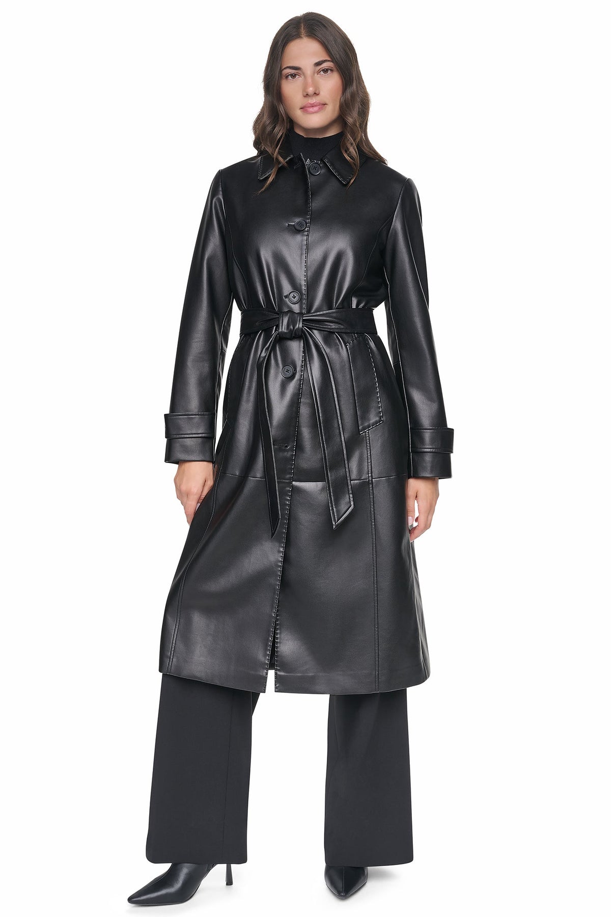 Stone DKNY FAUX LEATHER BELTED LONG TRENCH