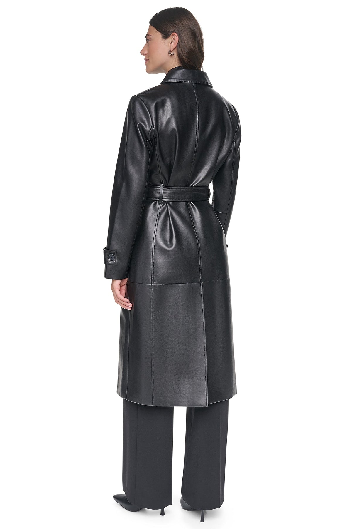 Stone DKNY FAUX LEATHER BELTED LONG TRENCH