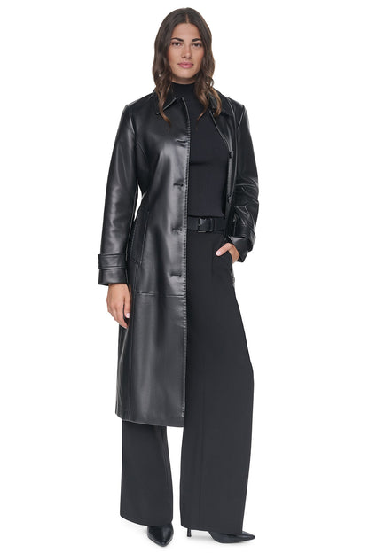 Stone DKNY FAUX LEATHER BELTED LONG TRENCH