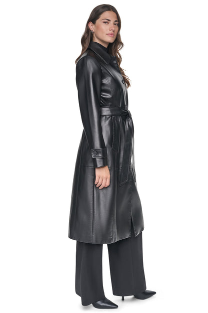 Stone DKNY FAUX LEATHER BELTED LONG TRENCH