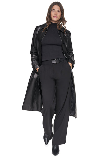 Stone DKNY FAUX LEATHER BELTED LONG TRENCH
