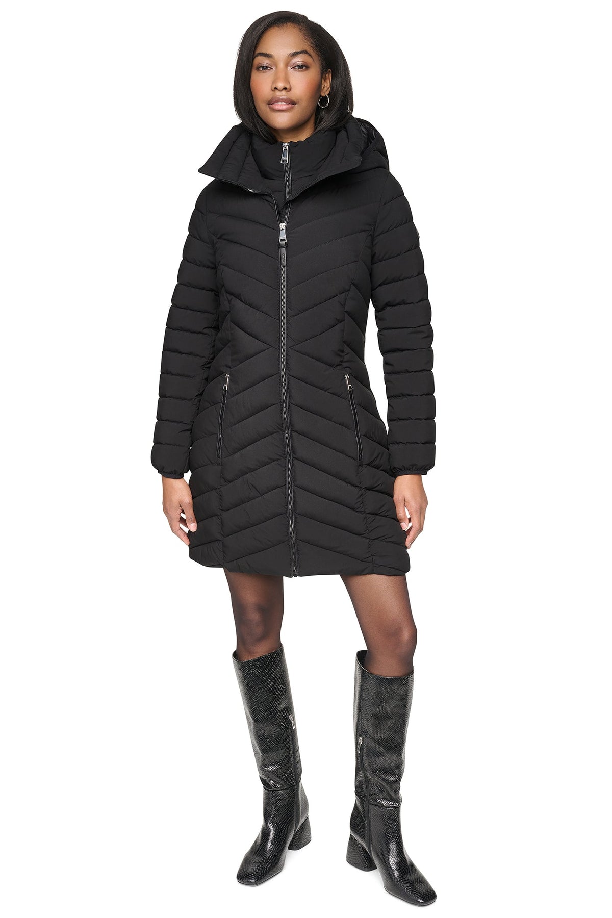 BORDEAUX DKNY HOODED STAND COLLAR PUFFER
