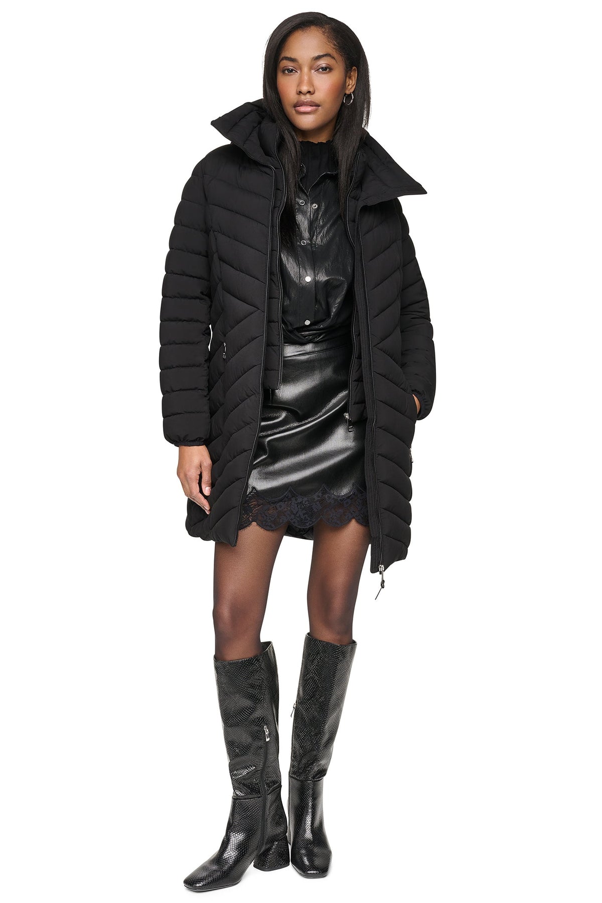 BORDEAUX DKNY HOODED STAND COLLAR PUFFER