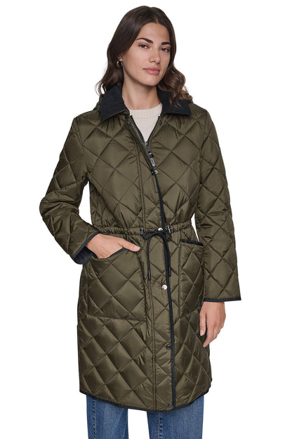 Black DKNY CORDUROY COLLAR HOODED QUILTED COAT