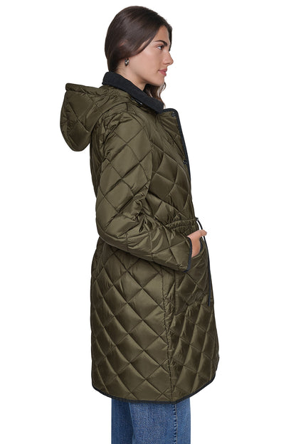 Black DKNY CORDUROY COLLAR HOODED QUILTED COAT
