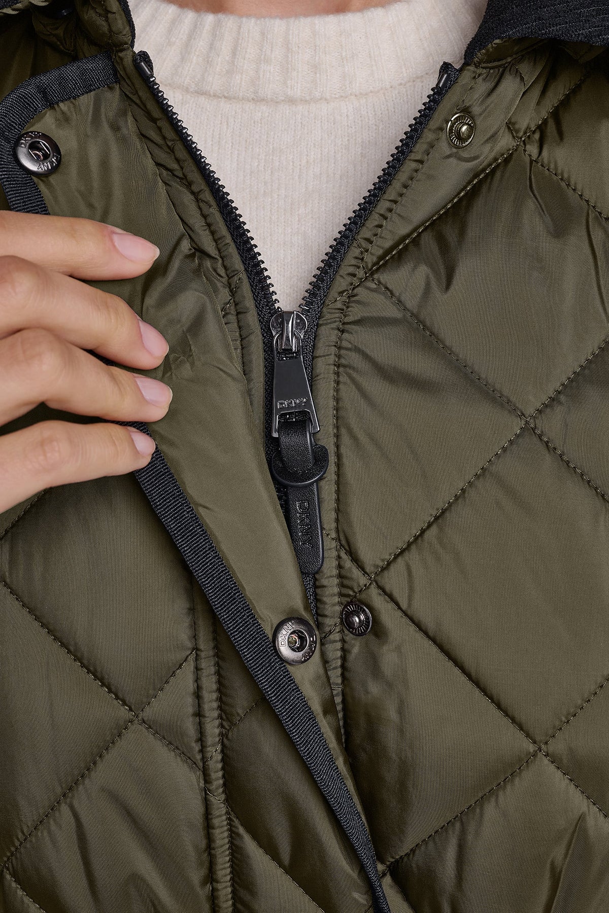 Black DKNY CORDUROY COLLAR HOODED QUILTED COAT