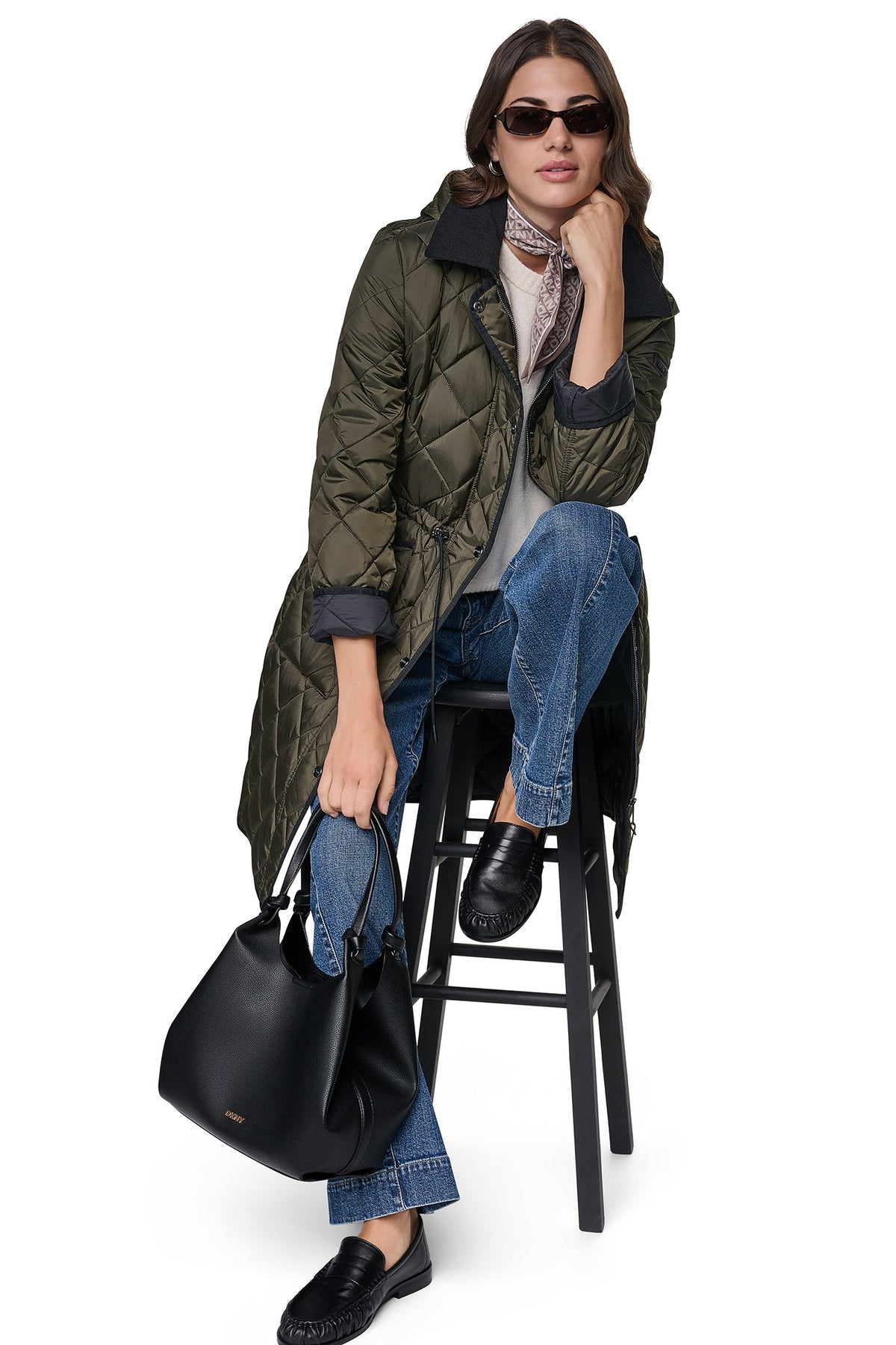 Black DKNY CORDUROY COLLAR HOODED QUILTED COAT