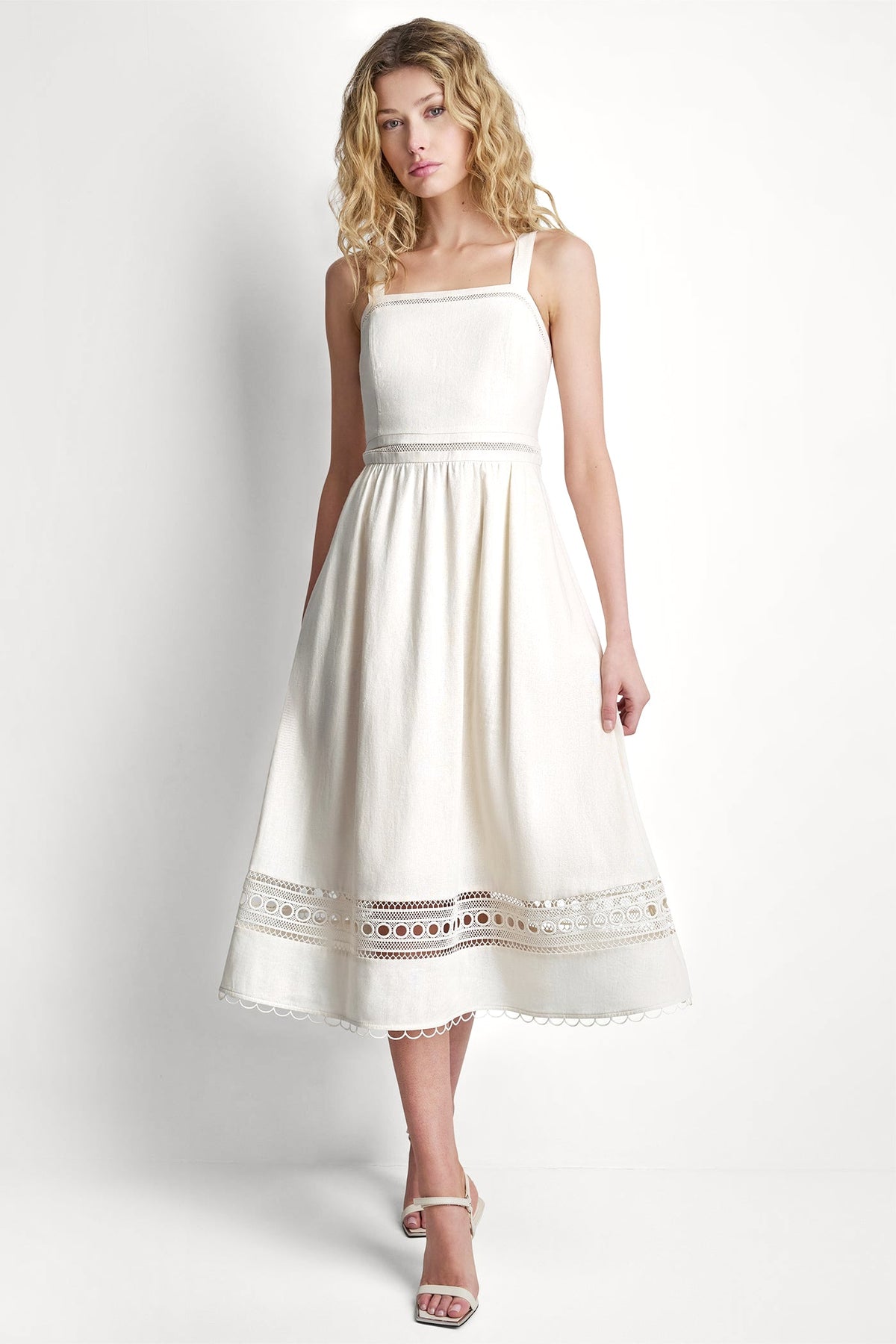 Coconut DKNY LINEN-BLEND LACE-TRIMMED MIDI DRESS