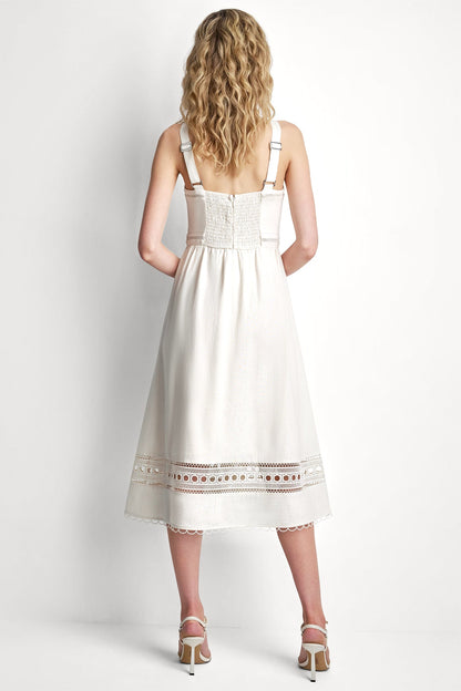 Coconut DKNY LINEN-BLEND LACE-TRIMMED MIDI DRESS
