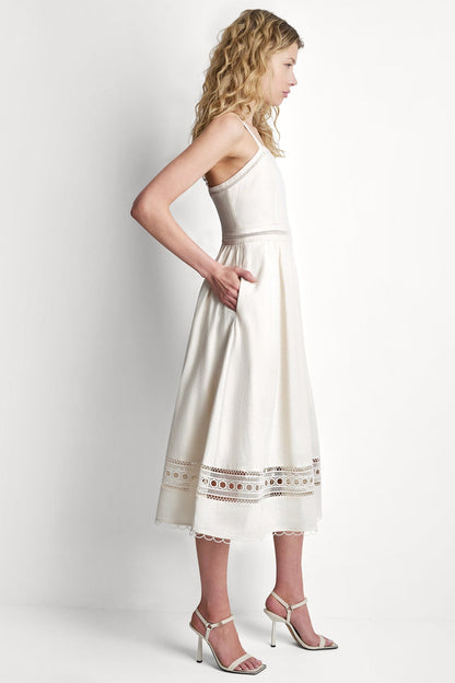 Coconut DKNY LINEN-BLEND LACE-TRIMMED MIDI DRESS