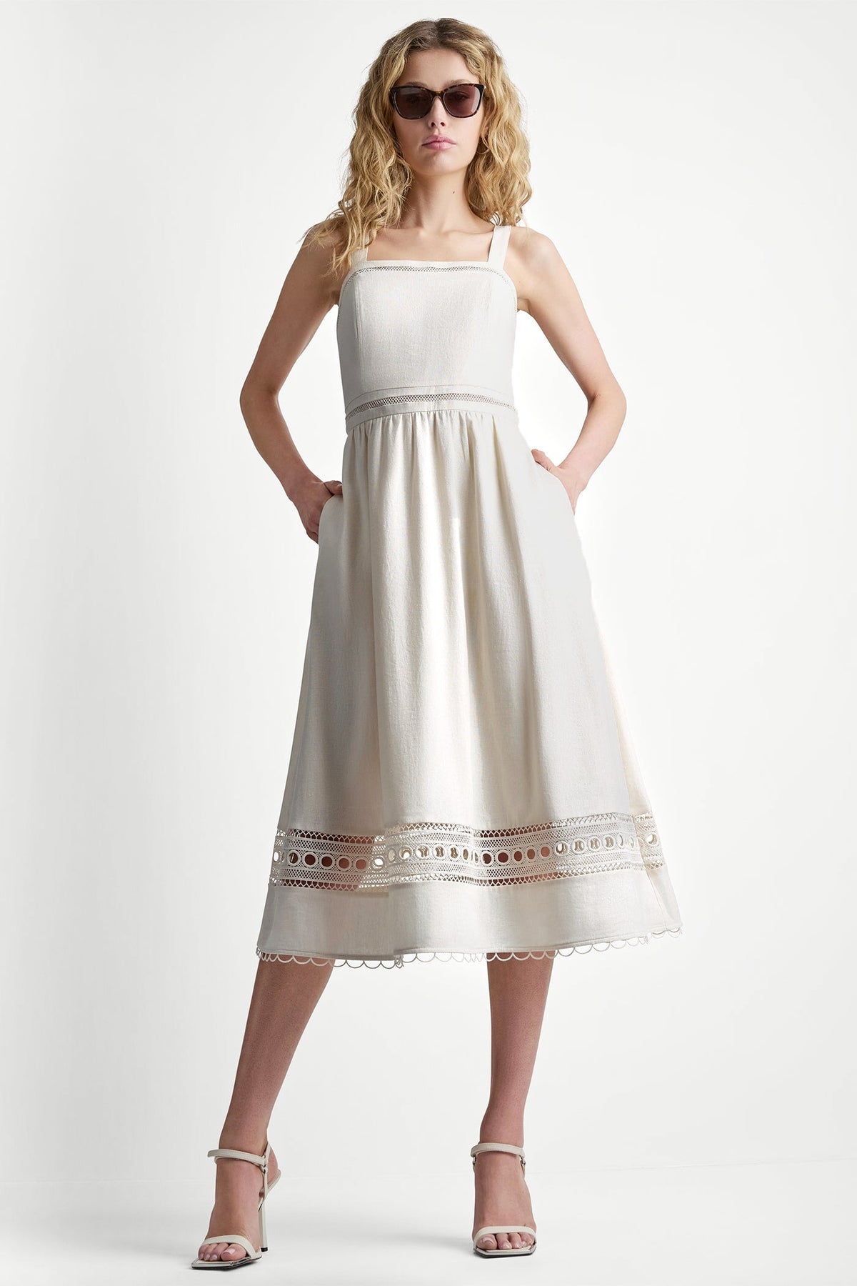 Coconut DKNY LINEN-BLEND LACE-TRIMMED MIDI DRESS