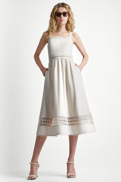 Coconut DKNY LINEN-BLEND LACE-TRIMMED MIDI DRESS