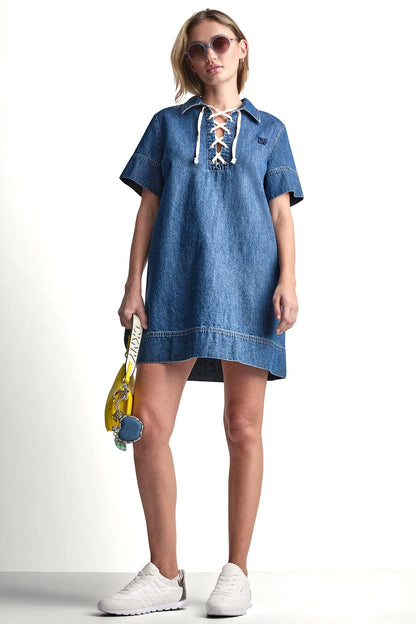 Rustic Indigo DKNY LACE UP DENIM SHIFT DRESS