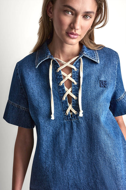 Rustic Indigo DKNY LACE UP DENIM SHIFT DRESS