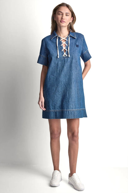 Rustic Indigo DKNY LACE UP DENIM SHIFT DRESS