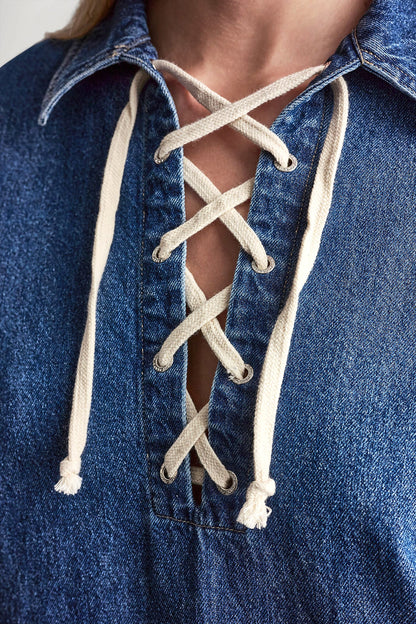 Rustic Indigo DKNY LACE UP DENIM SHIFT DRESS