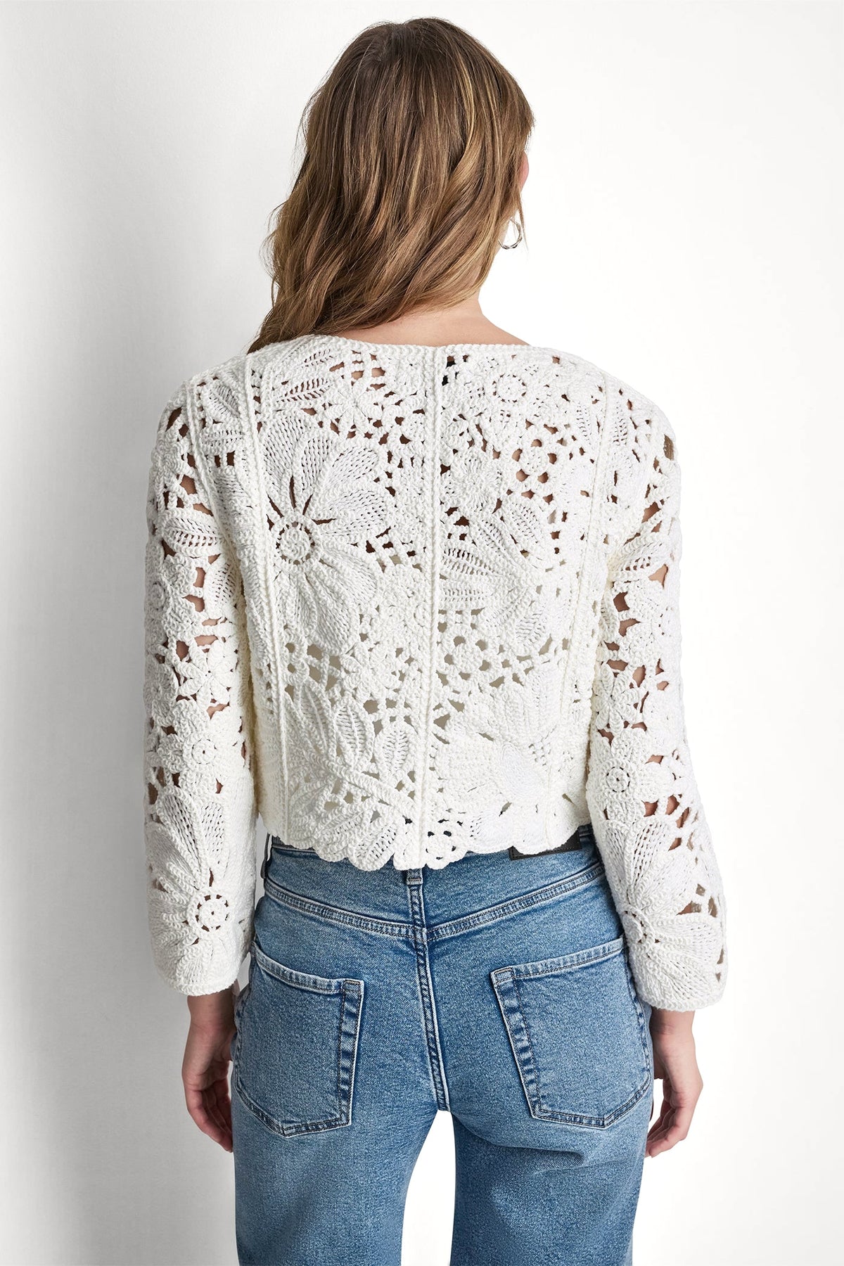 Eggnog DKNY FLORAL CROCHET CARDIGAN WITH SCALLOP HEM