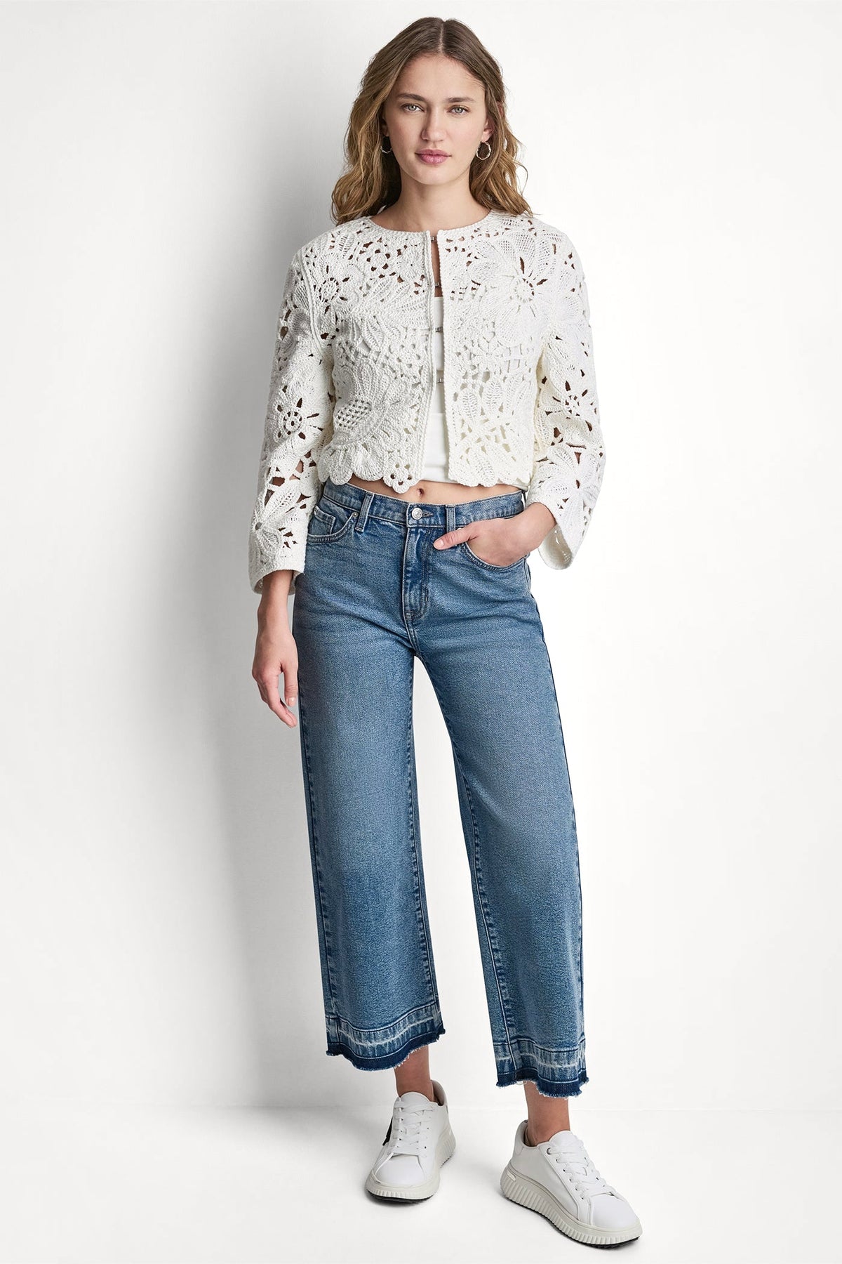 Eggnog DKNY FLORAL CROCHET CARDIGAN WITH SCALLOP HEM