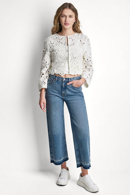 Eggnog DKNY FLORAL CROCHET CARDIGAN WITH SCALLOP HEM