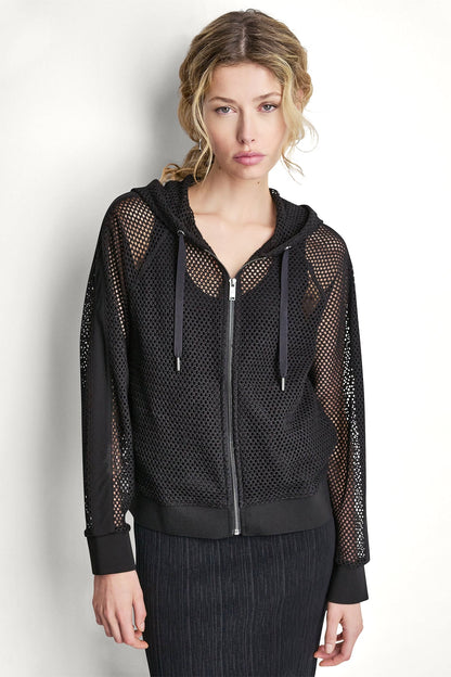 Black DKNY MESH LOGO ZIP-UP HOODIE