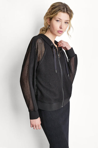 Black DKNY MESH LOGO ZIP-UP HOODIE
