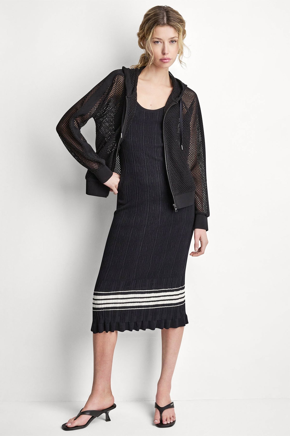 Black DKNY MESH LOGO ZIP-UP HOODIE