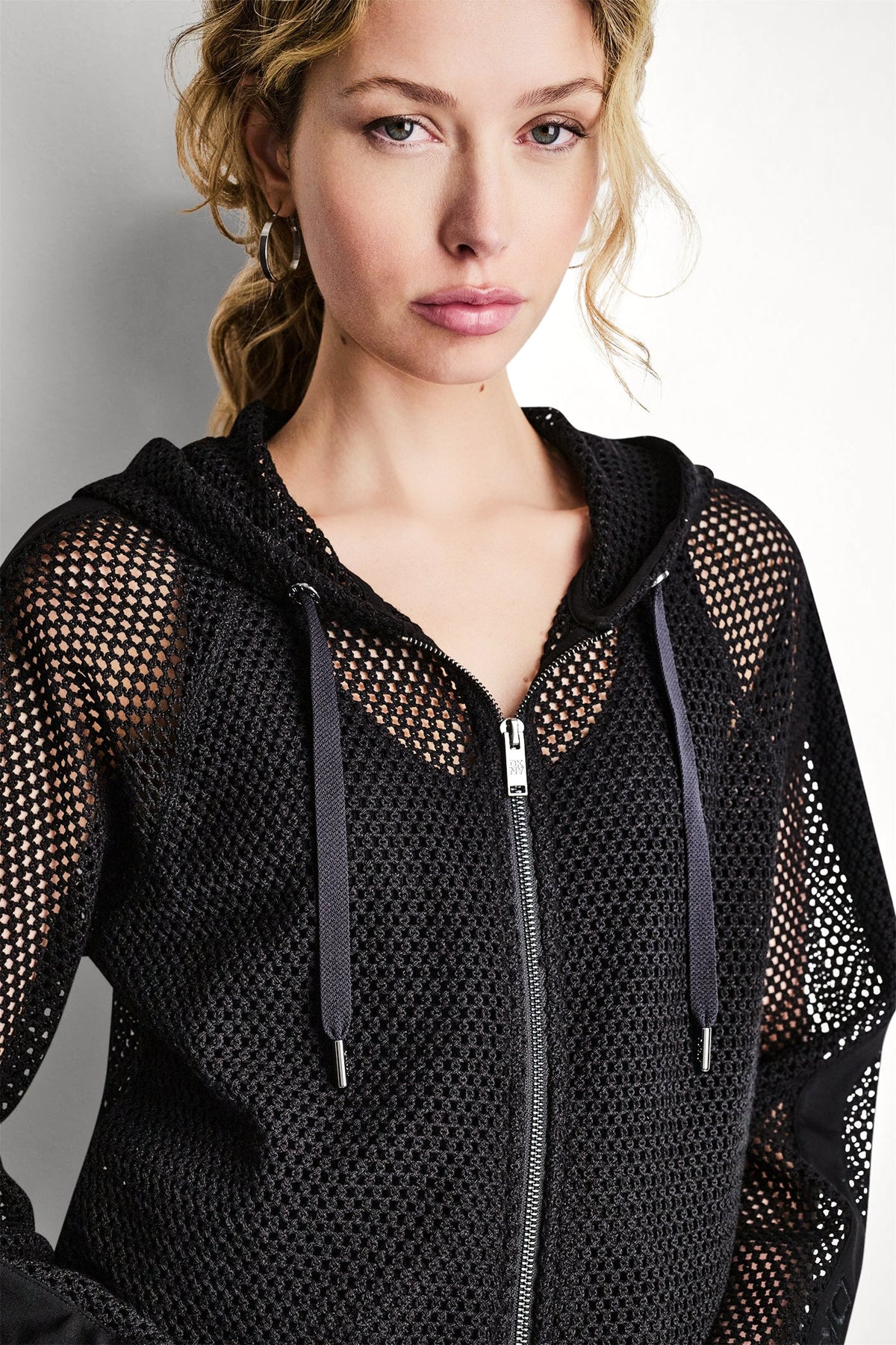 Black DKNY MESH LOGO ZIP-UP HOODIE