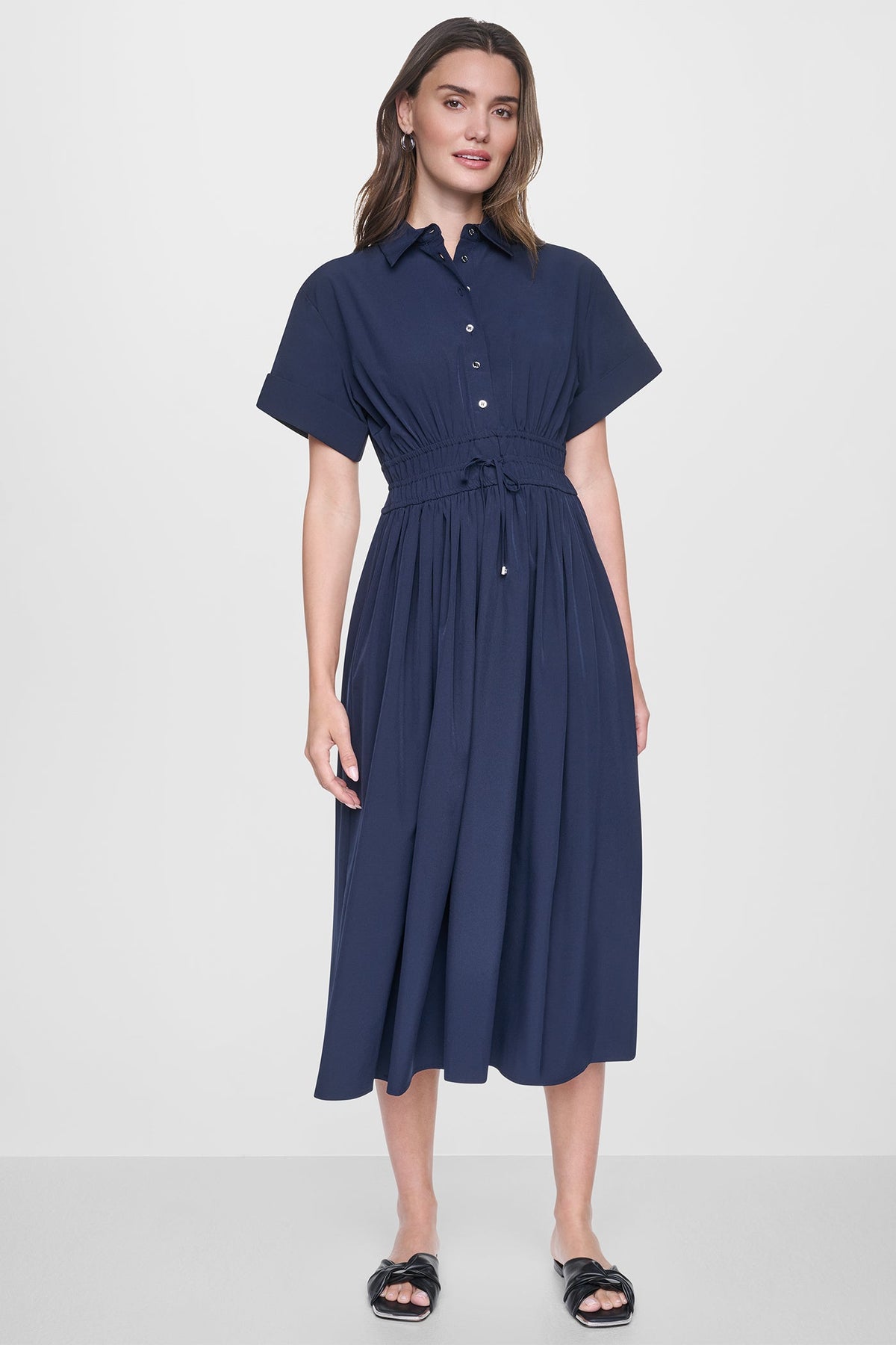 Spring Navy DKNY CAP SLEEVE MIDI COMMUTER SHIRT DRESS