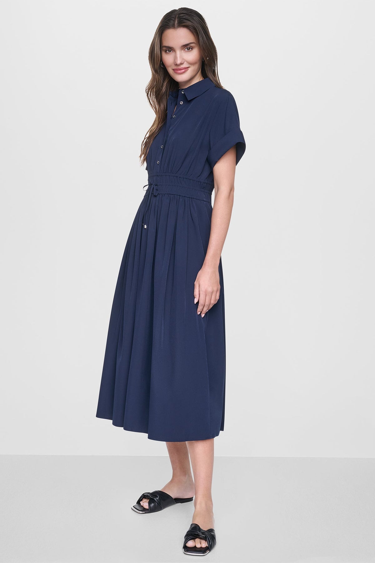 Spring Navy DKNY CAP SLEEVE MIDI COMMUTER SHIRT DRESS