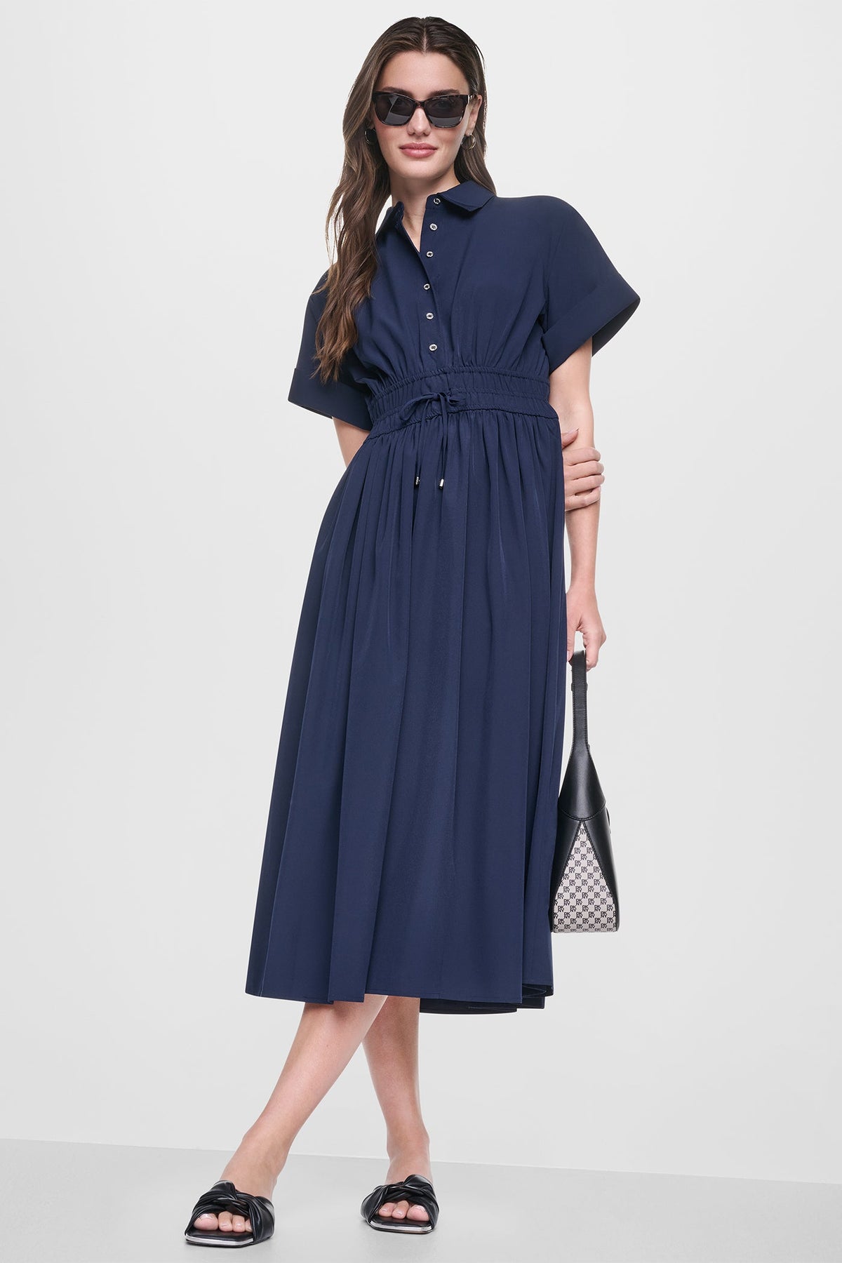 Spring Navy DKNY CAP SLEEVE MIDI COMMUTER SHIRT DRESS