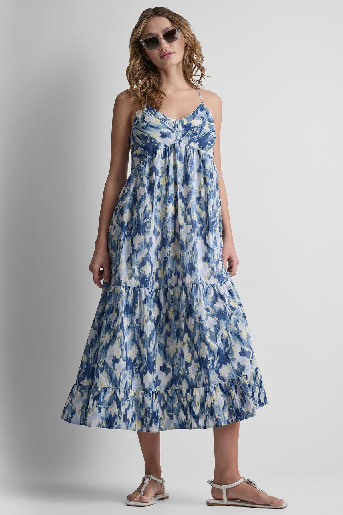 Ikat Blur Chambray DKNY PRINTED TIERED MIDI TANK DRESS
